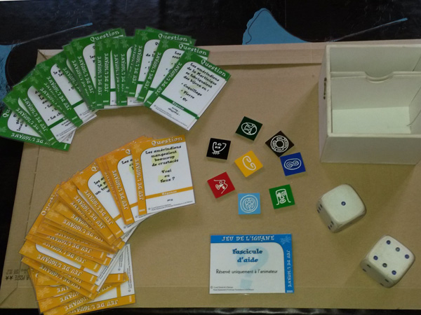 Contenu de la boîte du jeu de l'iguane (cartes, dés, pions)